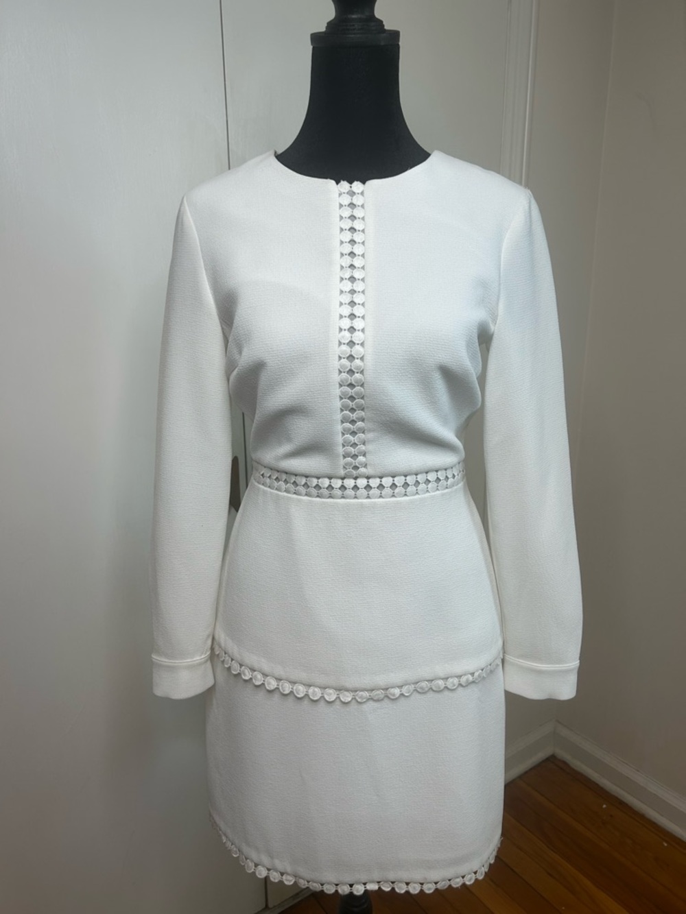 Club Monaco White Long Sleeve Textured Dress with Trim
